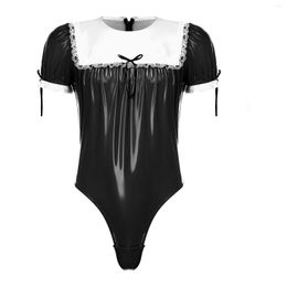 Traje de baño de mujer para hombre Sissy Maid Cosplay Traje Crossdresser Mameluco Ajuste de encaje Puff Manga Leotardo Invisible Cremallera Charol Body