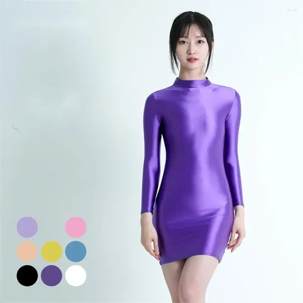 Traje de baño para mujer MJINM Aceite brillante Paquete brillante Cadera Vestido sexy Un paso Estiramiento de seda Slip Cuello alto Manga larga Apretado