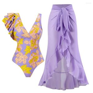 Maillot de bain pour femmes Monokini Jupe Set Élégant Floral Maillot de bain une pièce avec mousseline de soie Cover Up Col en V pour l'été