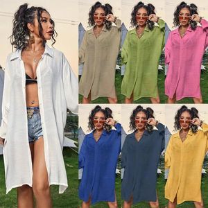 Dames Zwemkleding Meer Dan 2024 Bamboe Pure Kleur Strandblouse Sexy Bikini Kapvest Shirttype Koreaanse Mode Jurk Kaftan Vrouwelijke Zwemmen