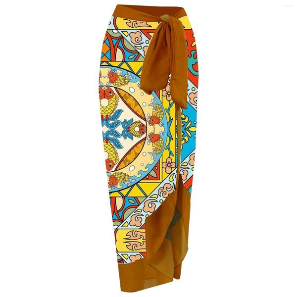 Traje de baño para mujer Multicolor atado Cintura alta Gasa Falda larga para la playa Sarong Cover Ups Vestido de baño 2023 Natación separada