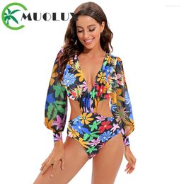 Maillots de bain pour femmes MUOLUX 2023 à manches longues une pièce Monokini Vintage femmes Sexy découpé maillot de bain V profond surf vêtements de plage