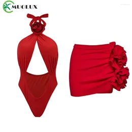 Swimwear féminin Muolux 2024 Sexy Red 3D Flower One Piece Swimsuit With Pant Woman Vintage Bikini Cover-Up Robe Summer Beach Jupe