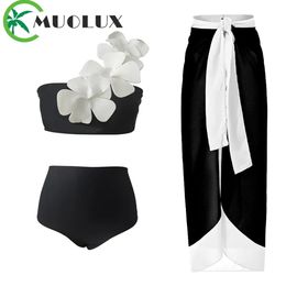 Dames badmode MUOLUX 3-delige bikiniset Vrouwen 3D bloem badmode een schouder bikini badpak sexy zomer strand rok badpak jurk 230615