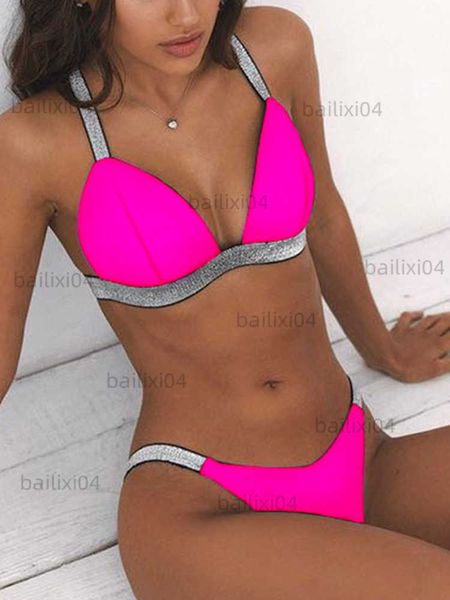 Maillots de bain pour femmes Néon rose noir string Bikini 2020 maillot de bain femmes maillots de bain Push Up licou Bikini ensemble sangle baigneur maillot de bain vêtements de plage femme T230417