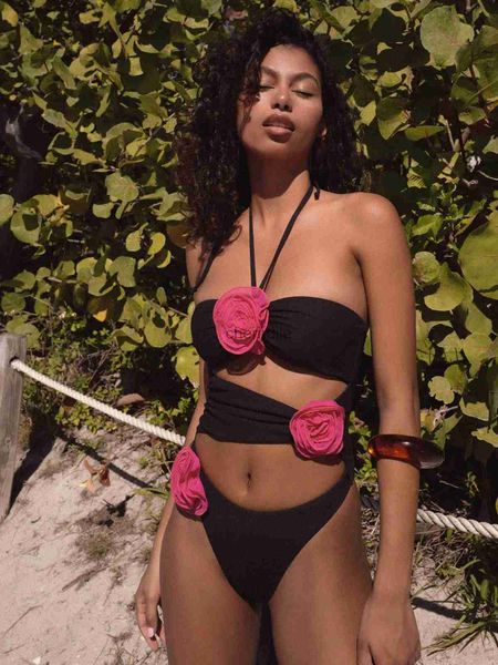 Traje de baño para mujer Nuevo 3D Rose Traje de baño tridimensional de flores Mujer Cintura alta Bikini sexy Color puro Ropa de playa dividida Bikini Traje de baño YQ231218