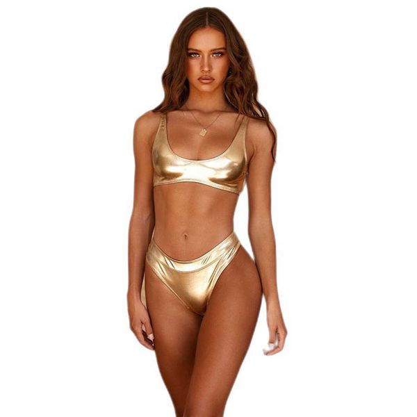 Traje de baño de mujer Nuevo traje de baño de tela dorada Mujeres Sexy Reflective Gold / Silver Bikini de una pieza / dos piezas Material grueso de doble capa 2023 Nuevo P230426