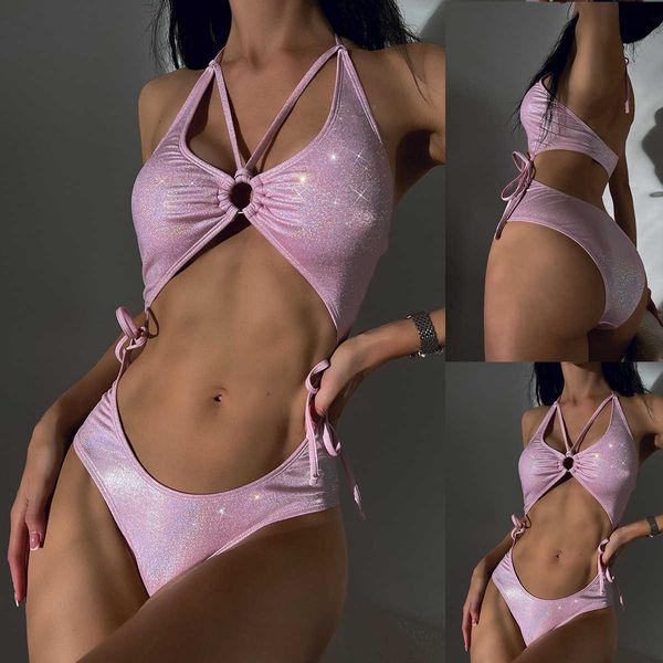 Swimwear para mujeres Nuevo traje de baño de una pieza encaje up hueco bikini rosa dorado estampado traje de bañobikini2023