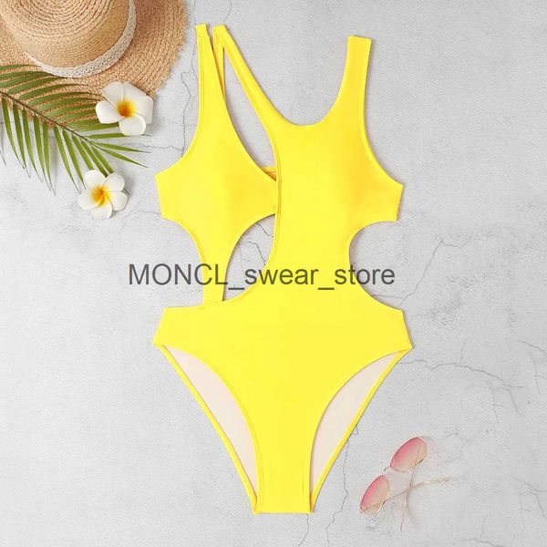 Traje de baño para mujer Nuevo traje de baño sexy de una pieza amarillo sólido para mujer Hollow Out Push Up Patchwork Monokini Beach Traje de baño sin espalda SlimH24222