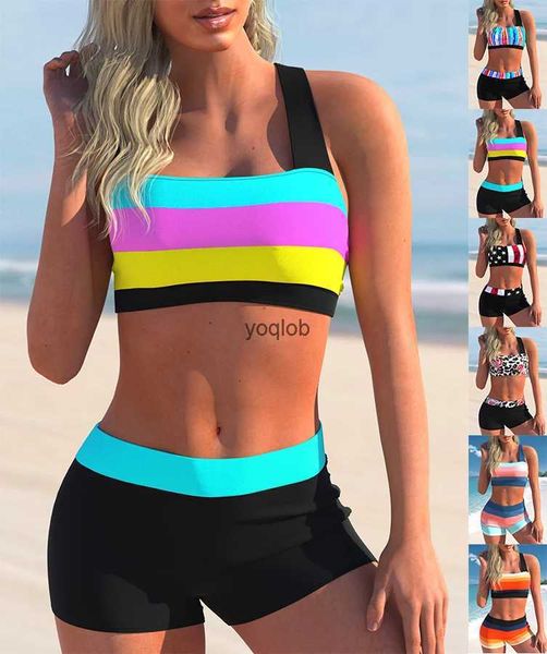 Traje de baño para mujer, nuevo conjunto de Bikini elástico alto de verano, conjunto de dos piezas con estampado de arco iris, camiseta sin mangas sexi para mujer, traje de baño de playa S-5XL