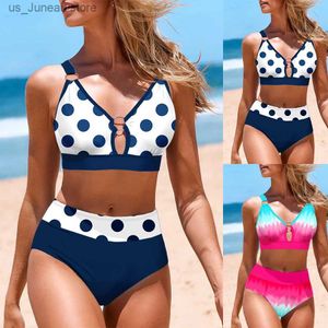 Maillots de bain pour femmes New Summer Femmes Bleu Polka Dot Imprimé Débardeur Bikini Deux Pièces Maillot De Bain À Lacets Sexy Beach Set S-5XL T240330