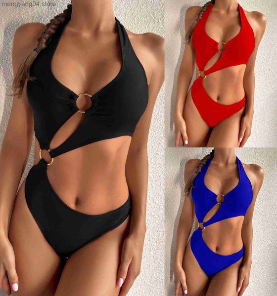 Maillots de bain pour femmes nouveau maillot de bain femmes couleur unie bikini ensemble à la mode et belle une pièce licou sangle chaîne femme sexy plage maillot de bain T230606