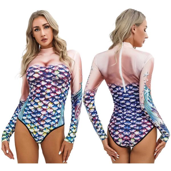 Maillots de bain pour femmes Nouvelles femmes écailles de poisson imprimé body maillot de bain longues manches fermeture éclair combinaison natation bain surf maillots de bain pour fête ClubwearC24315