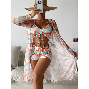 Vrouwen Badmode Nieuwe Vrouwen Badpak Hoge Taille Bikini Set Drie Stukken Vrouwen Sexy Lange Mouwen Cover Up Badpak 2023 strand Badpakken Badmode J230704