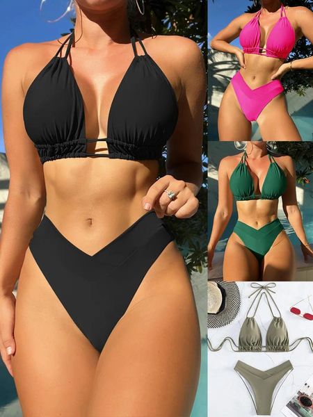 Traje de baño para mujer Bikini sólido de nailon Sexy diseño de modelado de moda traje de baño para mujer 2024 estilo ropa de playa para traje de baño