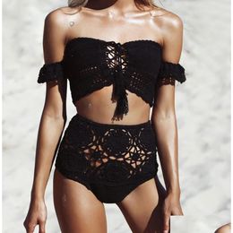 Dames Zwemkleding Off The Shoder Dames Wit Zwart Badpakken Gebreide bikini Cloghet Crop Y Hoge taille uitgehold