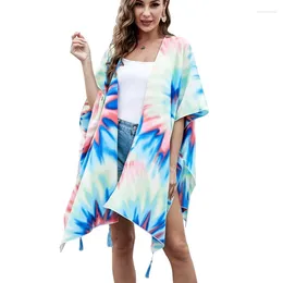 Swimwear pour femmes Omchion Fleurs d'été Sweet Tie Dye Broidered Beach Cover Up Printed Tassel Sexy Kimono Femme en mousseline de soie