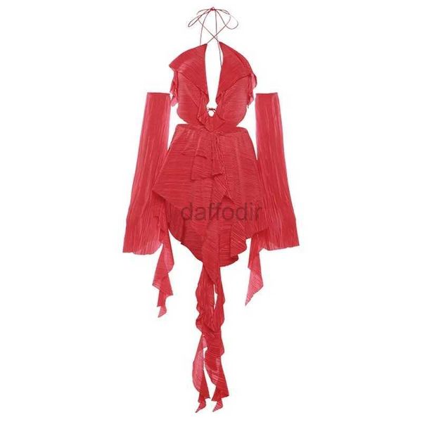 Maillots de bain pour femmes OMSJ Vacances Sexy Hot Girl Red Charming Strap Robe 2023 Automne Épaule Flamme Manches Volantes Irrégulière Mode Mini Robe 24326