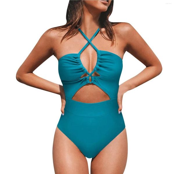 Traje de baño de una pieza para Mujer, Bikini cruzado de Color sólido Sexy a la moda, traje de baño para playa (con almohadilla en el pecho sin sujetador de acero) para Mujer