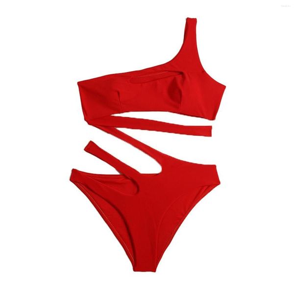 Traje de baño para mujer Una pieza Sexy Color sólido Un hombro ahuecado Bikini Suspender con almohadilla de pecho sin respaldo Sin soporte de acero Traje de baño