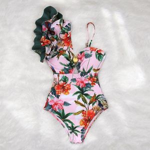 Dames badkleding één stuk zwempak 2023 ruches dames tropisch print badpak strandkleding schouder Monokini zwembikini vrouw