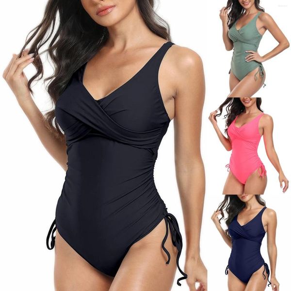 Traje de baño para mujer Traje de baño de una pieza para mujer 2024 Negro con cordones Cuello en V Body sexy Bikini Traje de baño para playa Camisolas Mujer