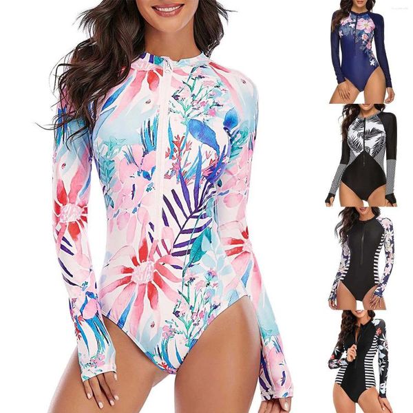Swimons de maillots de bain féminins One Piece Suit à manches longues Zipper Imprimé floral Summer Slim Athletic Monokini Femelle Bathing Femewearwear