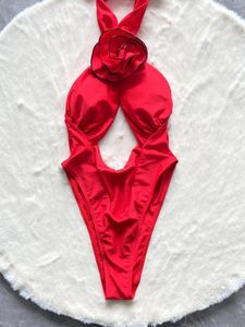 Dames badkleding één stuk zwempak sexy rode bloem halter backless vrouwen uitgesneden monokini hoge been baden zwempak slijtage 2024