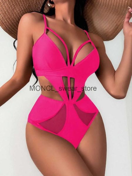 Traje de baño para mujer Traje de baño de una pieza Mujeres 2023 Nuevo Sólido Negro Hot Pink Mesh Patchwok Monokin Sexy Traje de baño Brasileño BeachwearH24222