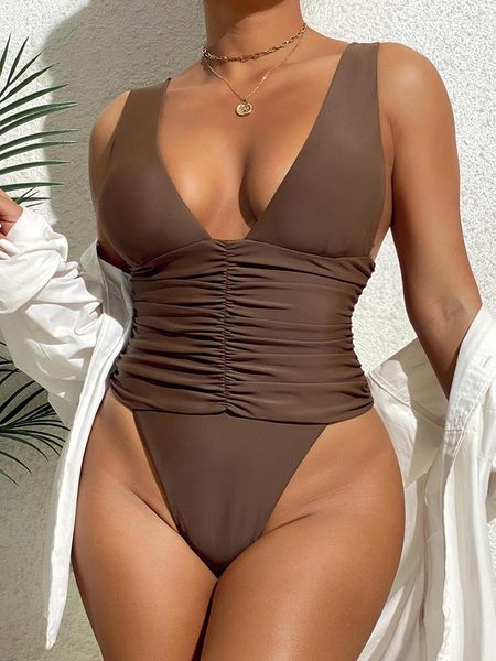 Maillots de bain pour femmes One Piece Maillot de bain Femmes 2023 Solide Col V profond Monokini Sexy String Maillot de bain Femme Beach Wear Natation Été