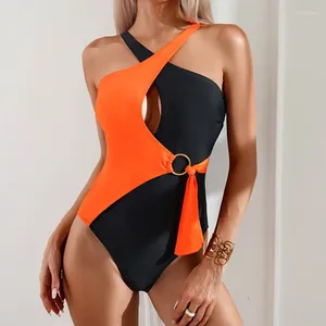 Dames badkleding één stuk tankini 2024 oranje zwart contrast hol uit cross ring gekoppelde riem zwempak badvak backless monokini