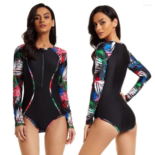 Swimwear féminin One Piece avec fermeture à glissière Bodys de bodys brillant à manches à manches longues Glossy