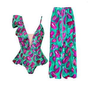 Swimwear Women's One épaule Swuffle Sweins avec couverture Sexy Deep V Femmes Floral Bikini Flat Belly Suite BodySuit Bathsuit noir