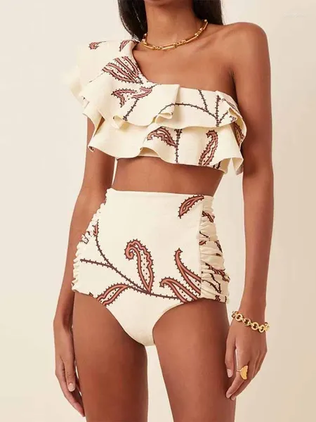 Traje de baño para mujer, traje de baño de un solo hombro, Bikini estampado fruncido Beige a la moda, traje de baño de playa con parte inferior de cintura alta