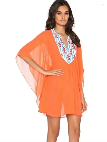 Traje de baño para mujer Blusa de gasa bordada naranja Vestido de playa Túnica Pareo Cubrir traje de baño Traje de baño Ropa Q2