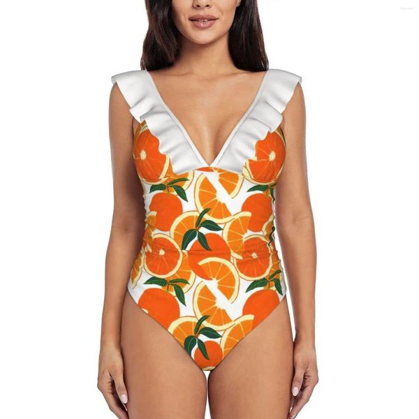 Swimons de maillots pour femmes Orange Harvest-White Monokini Ruffle One Piece Maigneuse Femme Sexy Femmes Imprimé Poste de bain Modèle Fruit Floral