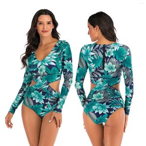 Traje de baño de mujer Estampado naranja Manga larga Rash Guard Mujer Cremallera Traje de baño de una pieza Cuello alto Traje de surf Traje de buceo Ropa de playa S-2XL