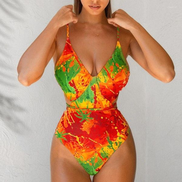 Traje de baño para mujer Naranja Tie-dyed Mujeres 2024 Sexy V-cuello de una pieza Bikini Suspender Lace Up Summer Backless Beach Traje de baño Maillot
