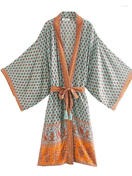 Traje de baño para mujer Kimono de playa de gran tamaño con fajas Bohemio Vintage Slim Sexy Long Mujeres Manga grande Fringe Algodón Cover-Up