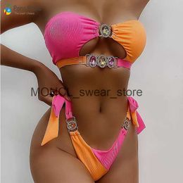 Swimwear féminin Para Praia Cameo Push Up Bikini Set Female Bandeau Swimsuit 2023 Luxury Rhingestone Femmes Brésilien Bassilien Host H240507