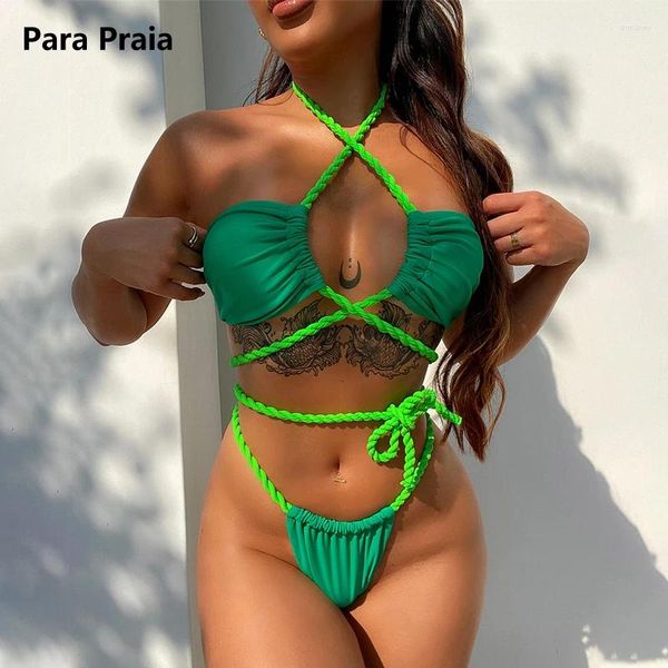 Swimwear féminin Para Praia Green Cross Halter Bikini 2024 Femmes sexy Brésilien MAINTURATION AUTOUR DE BANGE BIQUINI COUPE CUT DE BAIN