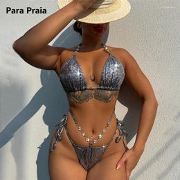 Swimwear féminin Para Praia Silver High Cut Halter Bikini Push Up Female de maillot de bain brésilien de maillot de bain brésilien