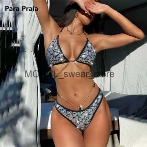 Swimwear féminin Para Praia Silver Push up Ensemble avec chaîne Brésilien Swimsuit 2024 Femmes Bandage Thong Biquini Sexy Swimming Suite H240507