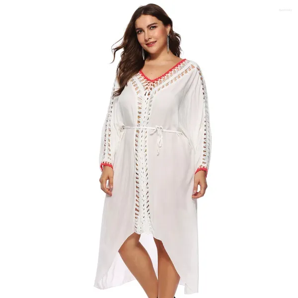 Traje de baño para mujer Pareo Traje de baño Largo Cover Up Plus Tamaño Sexy Mujeres Lace Kaftan Bikini Flojo Ropa de playa Blanco Sólido Cover-Up 2XL