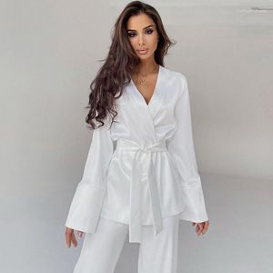 Maillots de bain pour femmes paréos et kimonos plage femmes robe 2023 robe en soie à manches longues pyjamas lâche deux pièces dame solide polyester peignoir pour