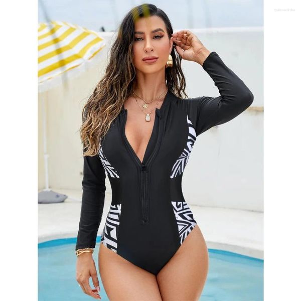 Maillots de bain pour femmes Patchwork One Piece Maillot de bain Femmes 2023 Manches longues Femme Brésilienne Front Zipper Beach Maillot de bain Surf Wear