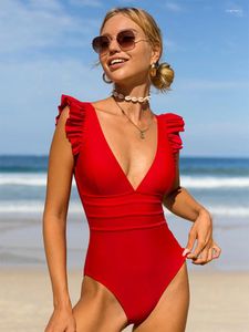Swimwear féminin Peachtan Solid 2024 V Bikini Bikini Red One Piece Femme Natation Baignoire Back sans dos