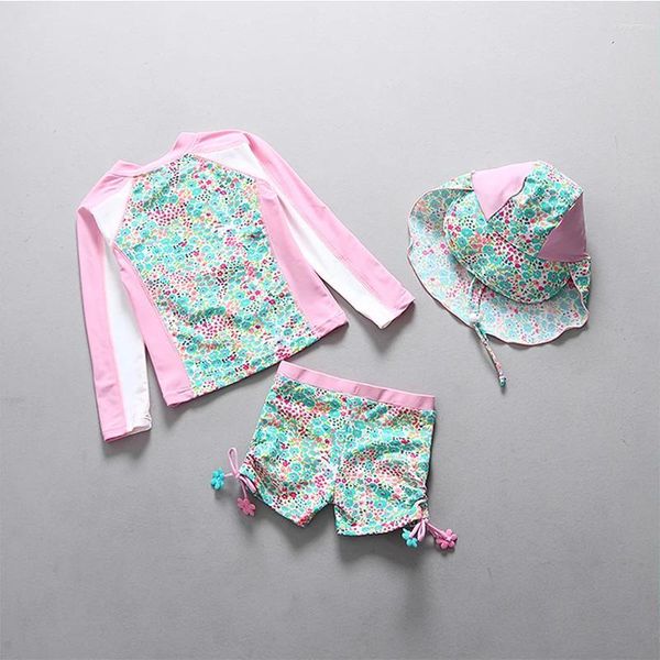 Swimons de maillots de bain pour femmes Pink Floral Sun Chatle 3 pièces Girls 2024 Toddler Baby Swimsuit Kids 2 pièces Natation des manches longues