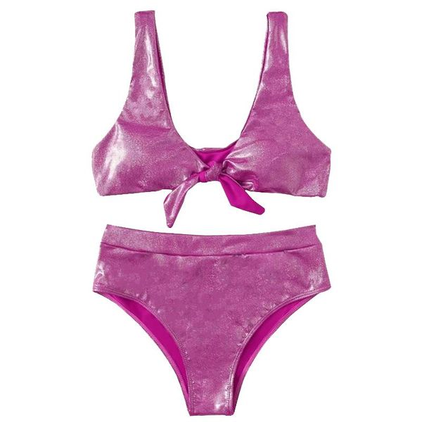 Maillots de bain pour femmes rose métallique noeud avant Bikini ensembles femmes Push Up maillot de bain taille haute maillot de bain Sexy brésilien Biquini nager