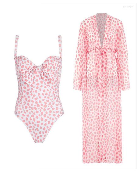 Maillot De Bain Femme Rose Une Pièce Noeud À Pois Imprimé Maillot De Bain Bikini Et Manches Longues Couvrant Drapé Bord De Mer Mignon Confortable Vitalité Féminine